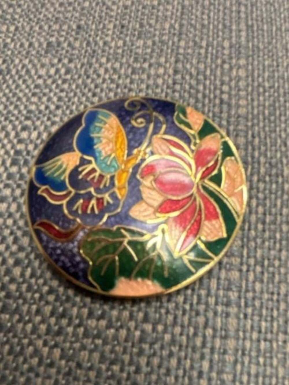 Vintage Round Cloisonne Butterfly and Floral Enamel Brooch Pin